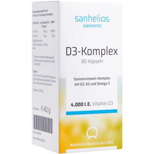 Elements Sanhelios Vitamin D3-Komplex Kapseln Sonnenvitamin-Komplex mit D3, K2 und Omega 3
